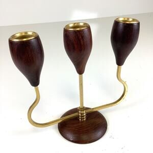 Mid Century Modern Danish Wood Brass Tulip Candle Holders MCM Art Nouveau Triple